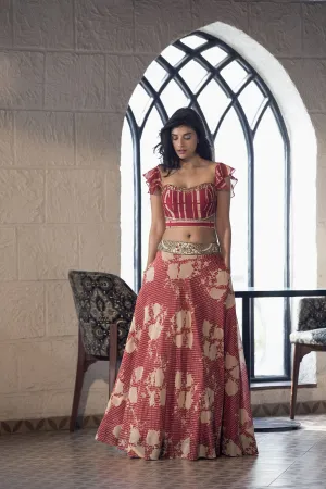 Cherry Red Stripe Blouse with Floral Polka Dot Lehenga  Festive Set.