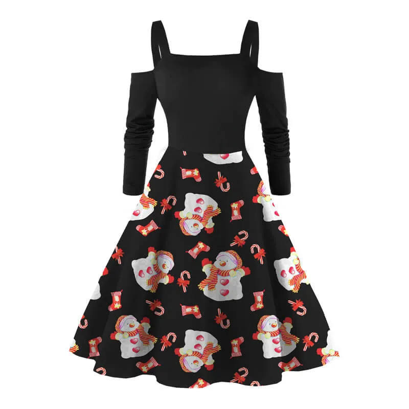 Christmas Retro Cold Shoulder Print Dress