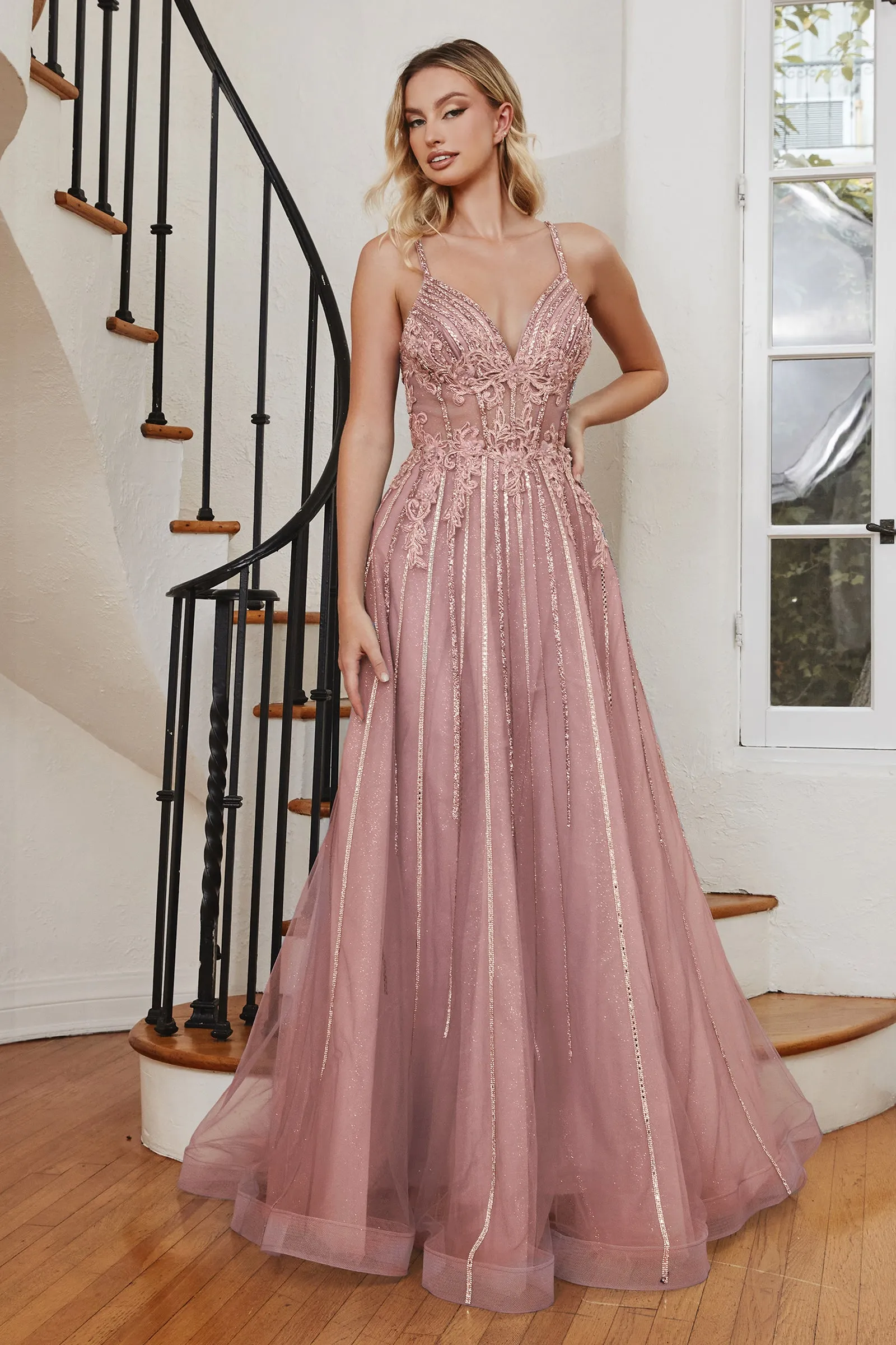 CINDERELLA DIVINE CD994 A-Line Beaded V-Neck Tulle Gown