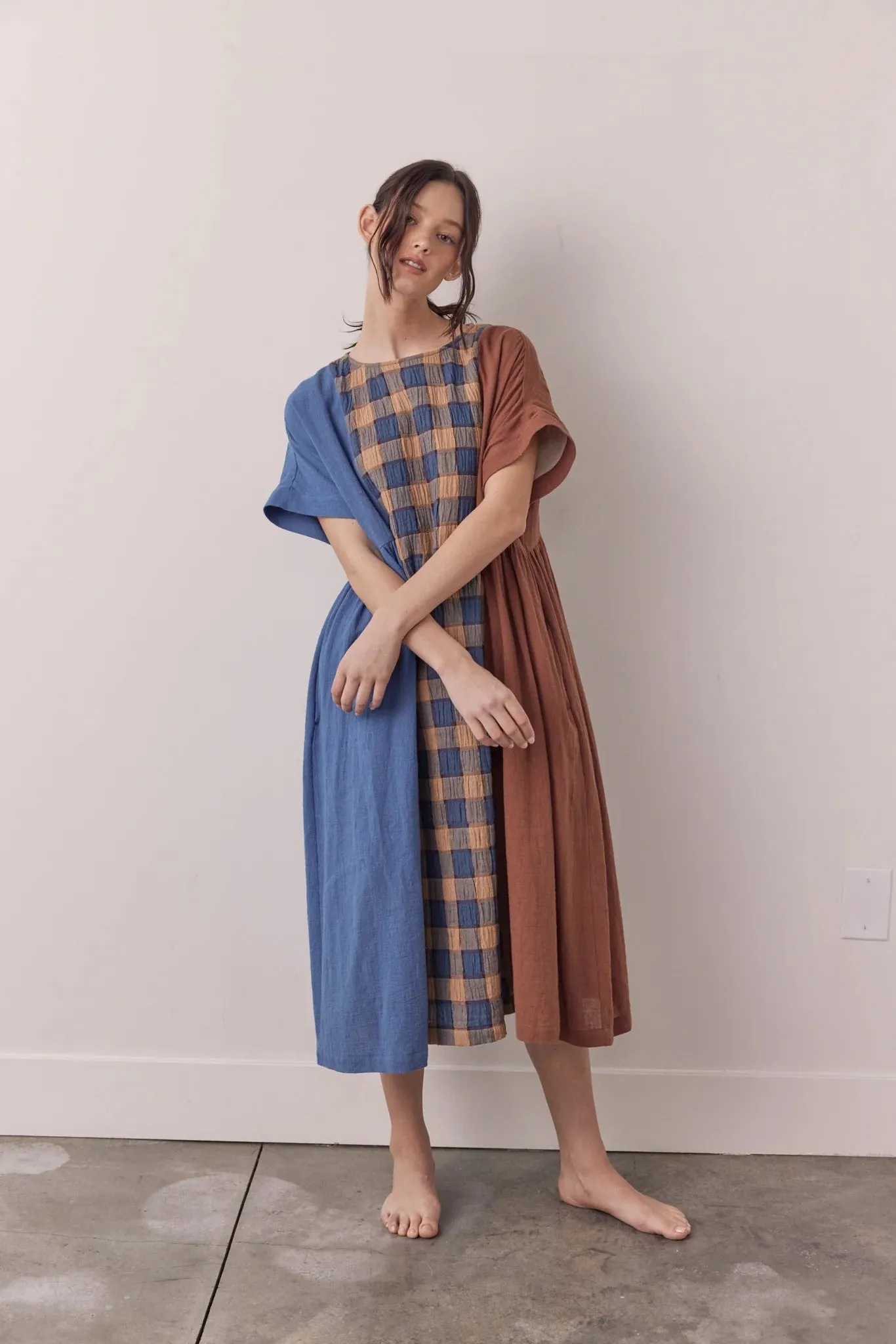 Contrast Midi Dress in Blue and Brown