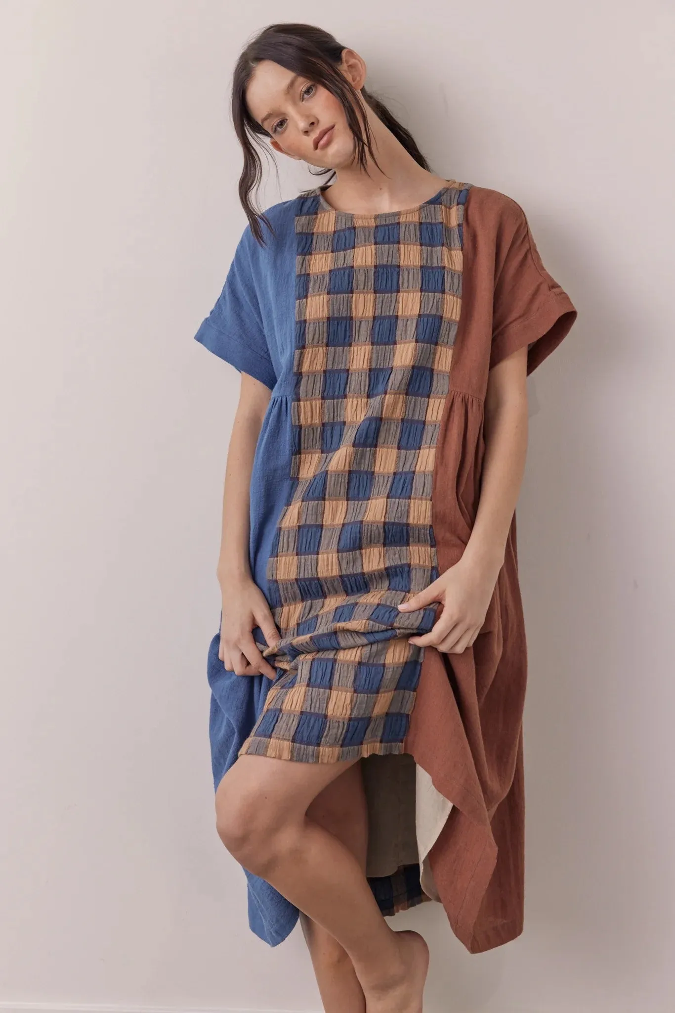 Contrast Midi Dress in Blue and Brown