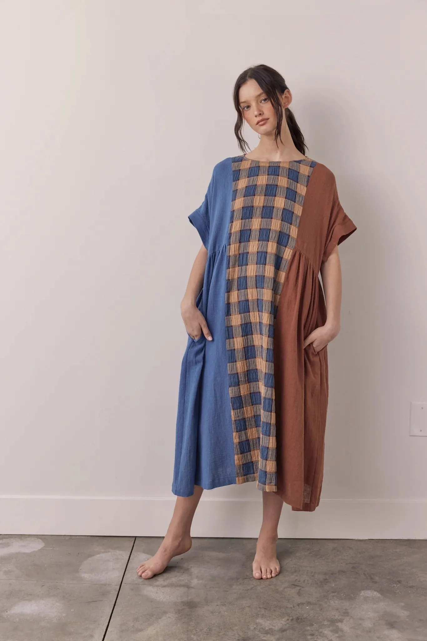 Contrast Midi Dress in Blue and Brown
