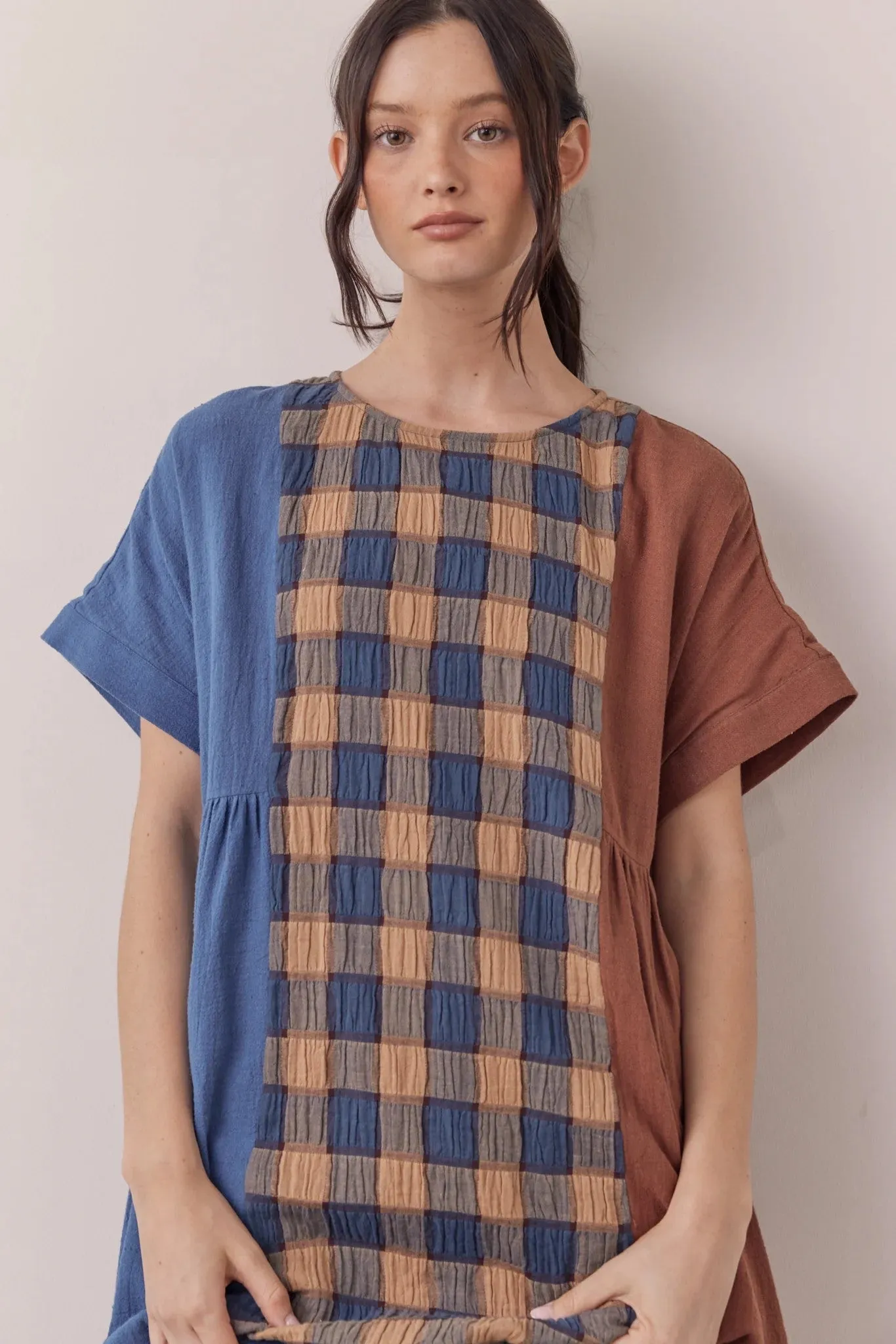 Contrast Midi Dress in Blue and Brown