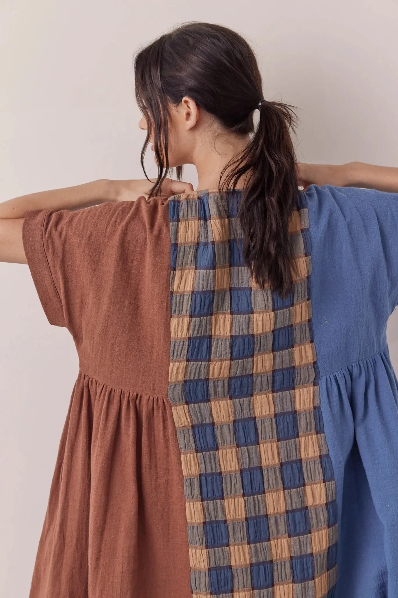 Contrast Midi Dress in Blue and Brown