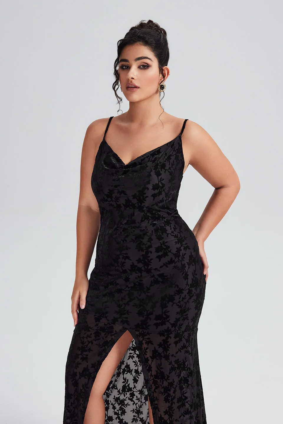 Curveins Plus Size Velvet Halter V-Neck Slit Maxi Dress