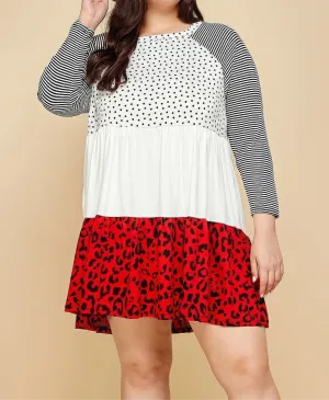 Cute Polka Dot And Animal Print Contrast Swing Tiered Dress