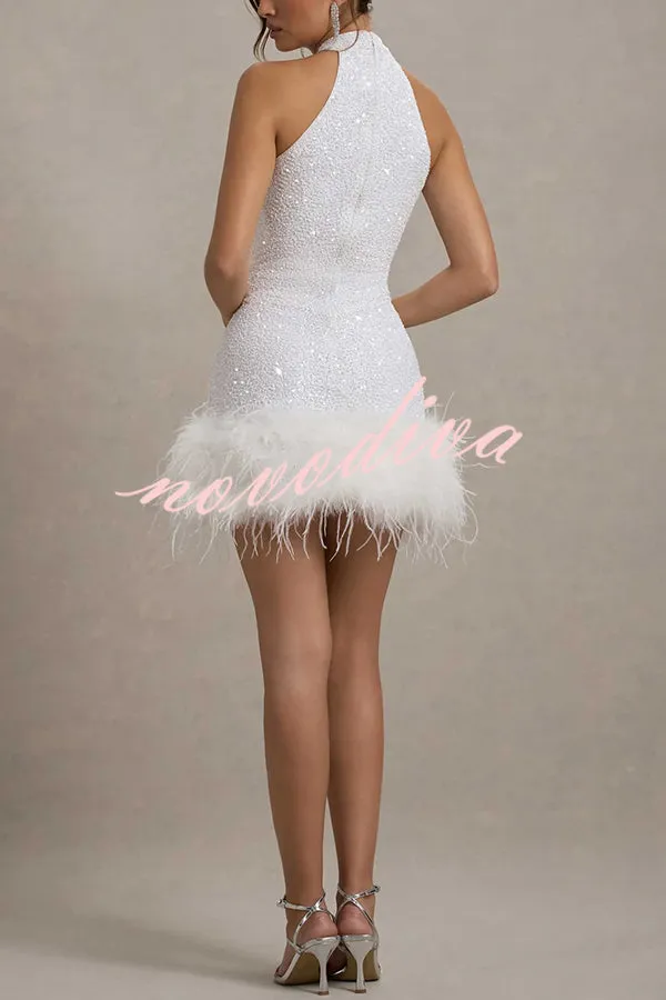 Dazzling and Playful Sequin High Neck Feather Trim Stretch Mini Dress