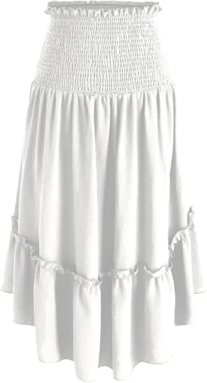 DDAPJ pyju Renaissance Midi Skirt Smocked Elastic High Waist A Line Skirts Ruffle Trim Flowy Skirt Pleated Casual Court Skirt