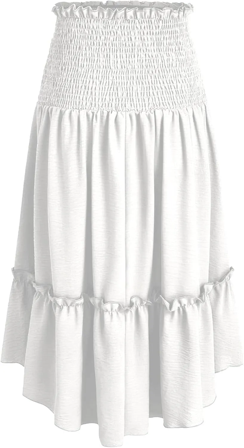 DDAPJ pyju Renaissance Midi Skirt Smocked Elastic High Waist A Line Skirts Ruffle Trim Flowy Skirt Pleated Casual Court Skirt