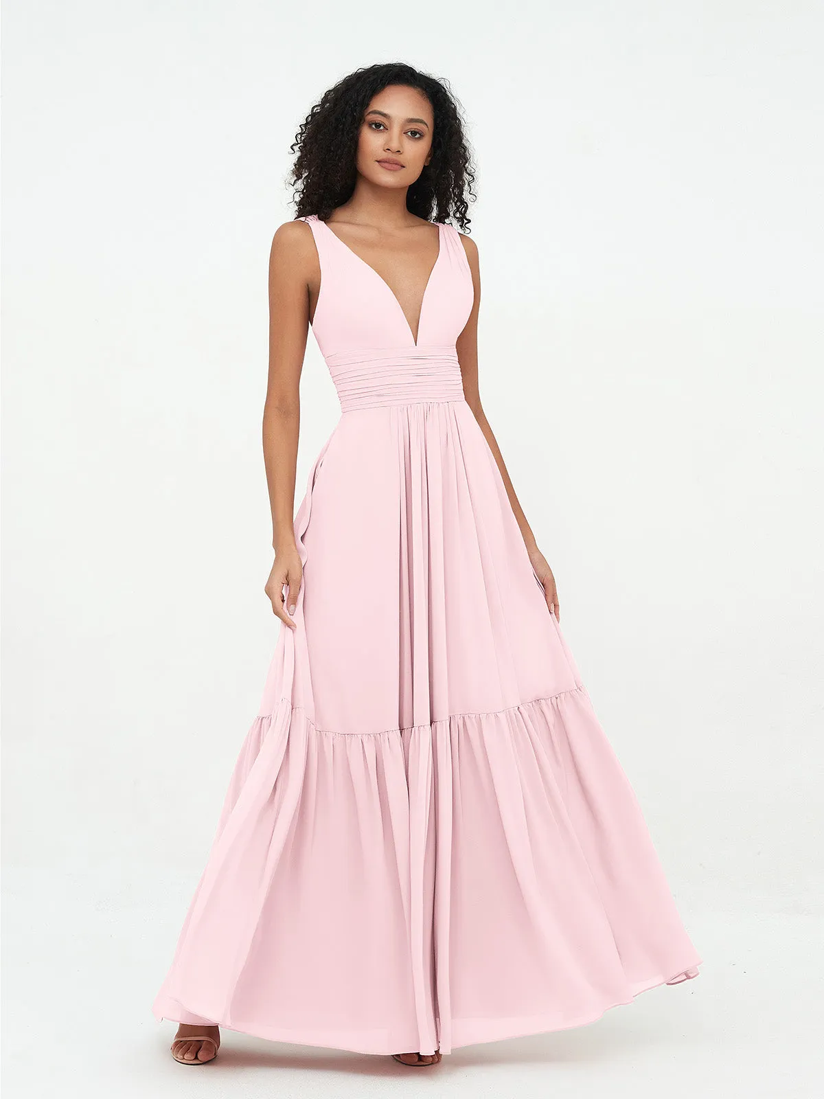 Deep-V Neck Chiffon Tiered Skirt Boho Dresses-Blushing Pink Plus Size