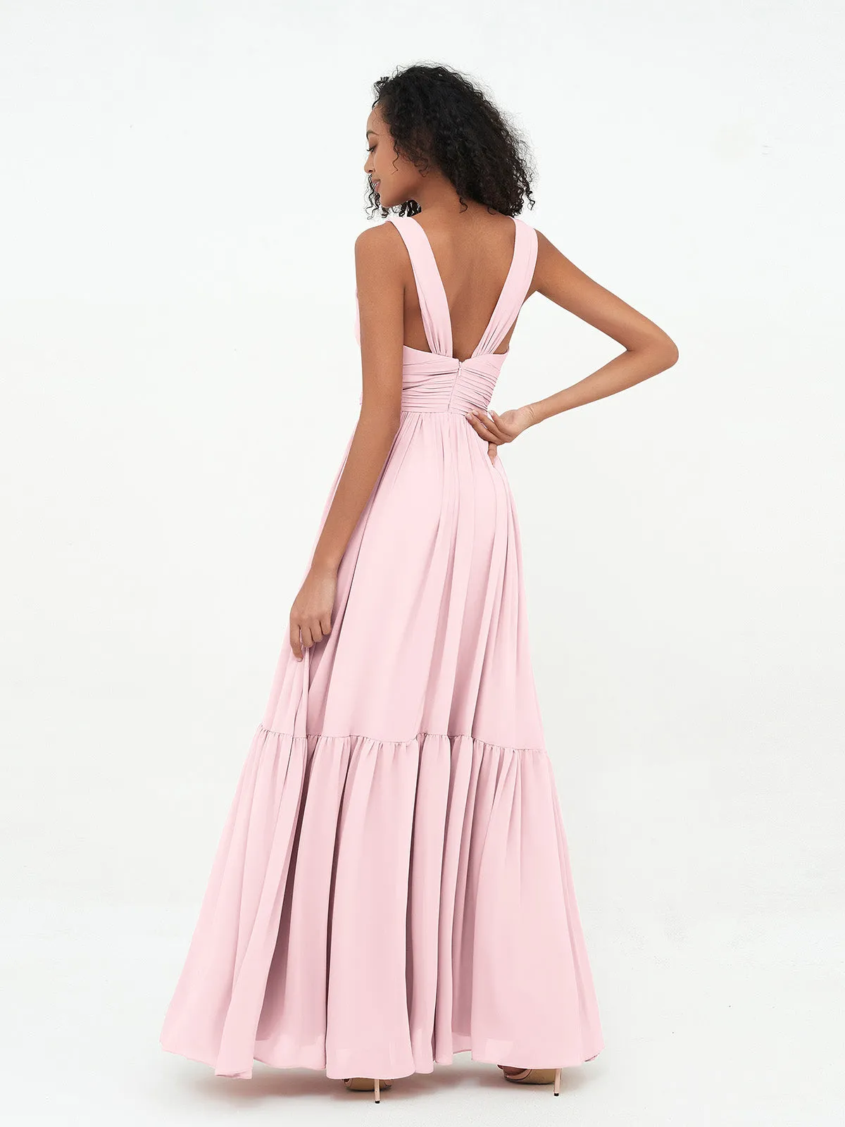 Deep-V Neck Chiffon Tiered Skirt Boho Dresses-Blushing Pink Plus Size