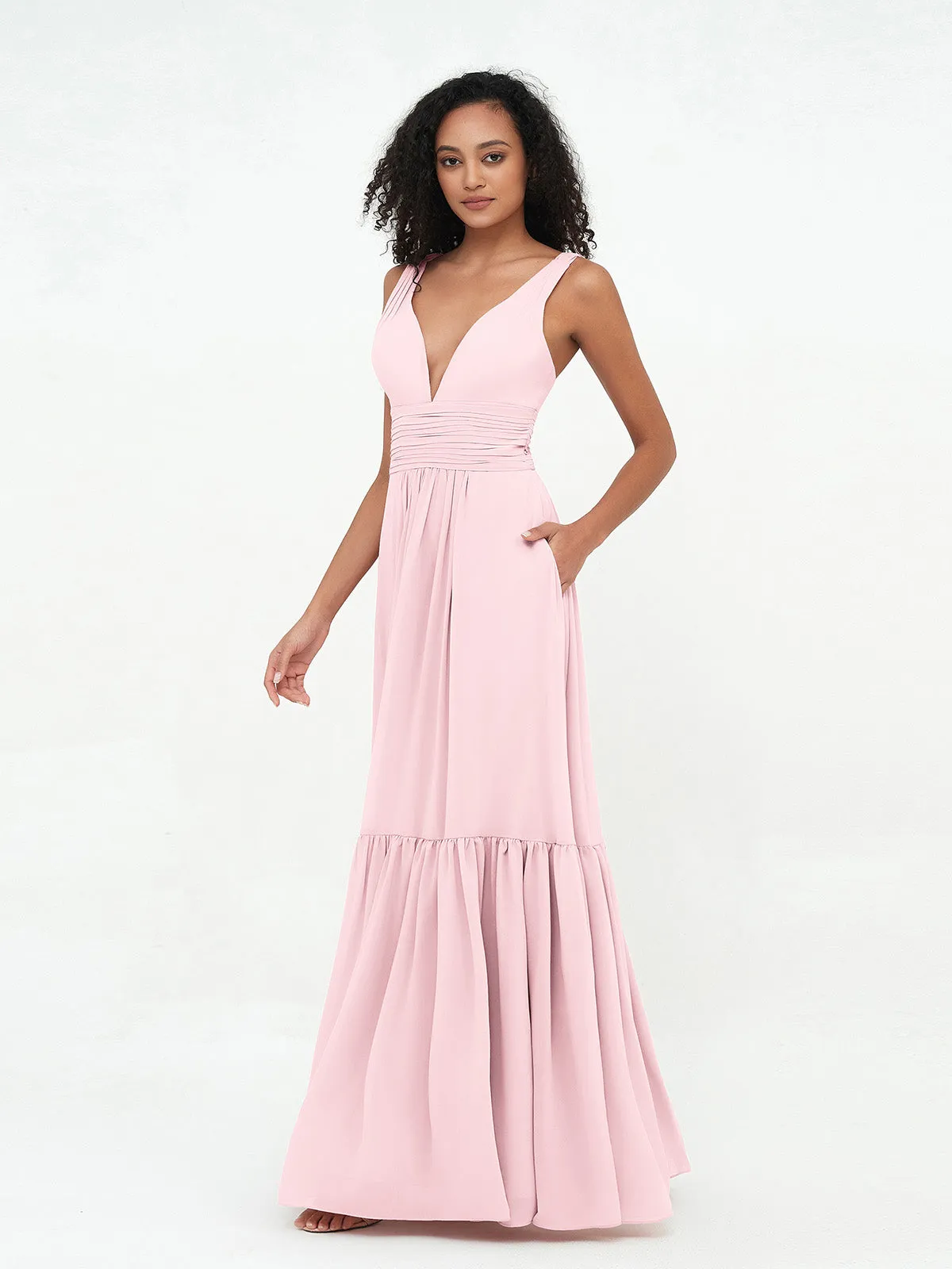 Deep-V Neck Chiffon Tiered Skirt Boho Dresses-Blushing Pink Plus Size