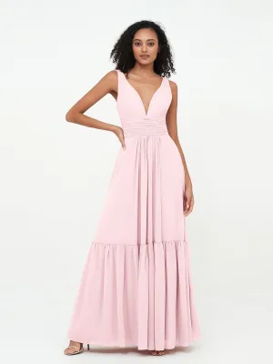 Deep-V Neck Chiffon Tiered Skirt Boho Dresses-Blushing Pink Plus Size