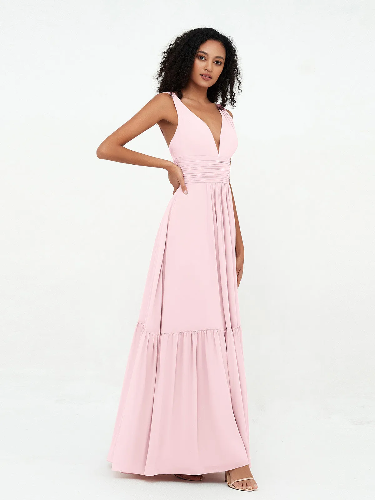 Deep-V Neck Chiffon Tiered Skirt Boho Dresses-Blushing Pink Plus Size