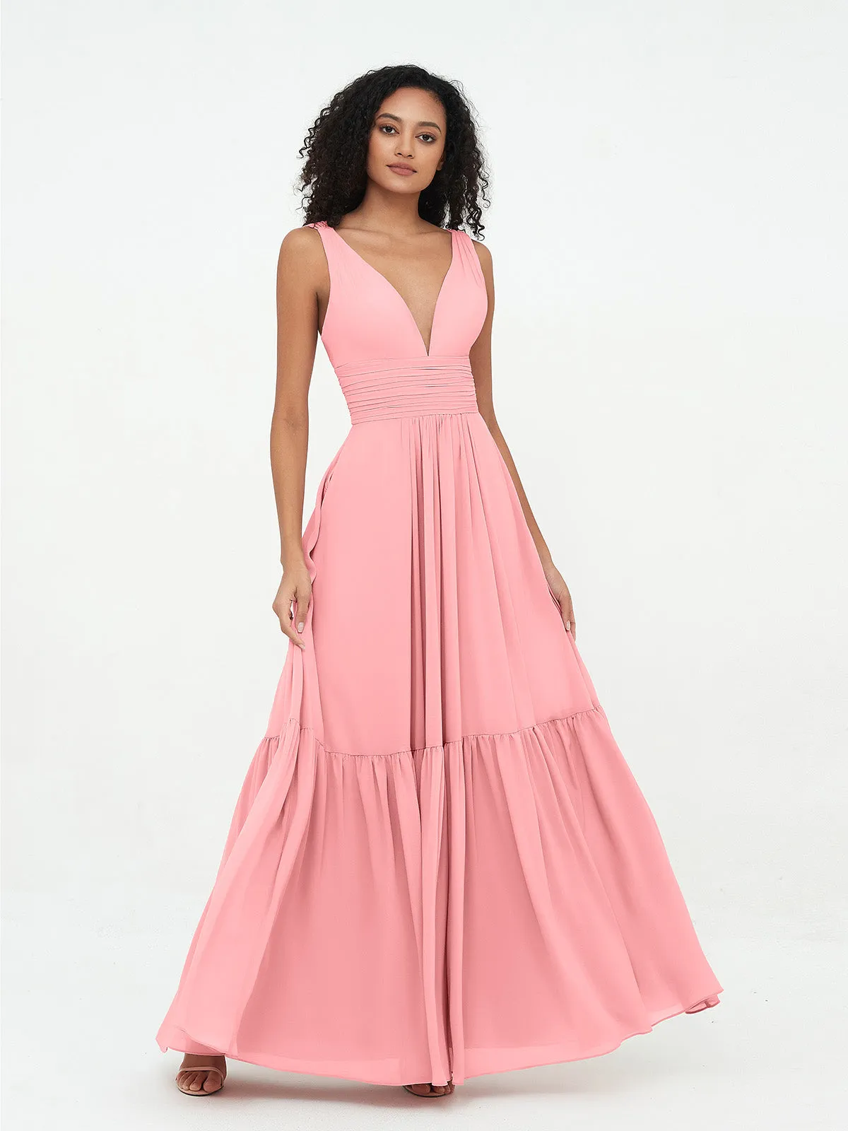 Deep-V Neck Chiffon Tiered Skirt Boho Dresses-Flamingo Plus Size
