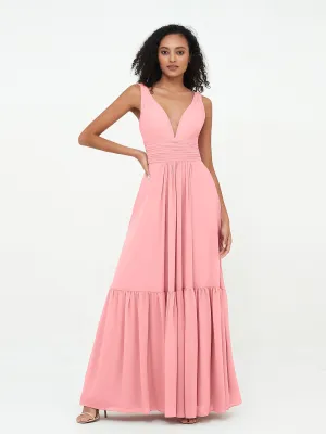 Deep-V Neck Chiffon Tiered Skirt Boho Dresses-Flamingo Plus Size