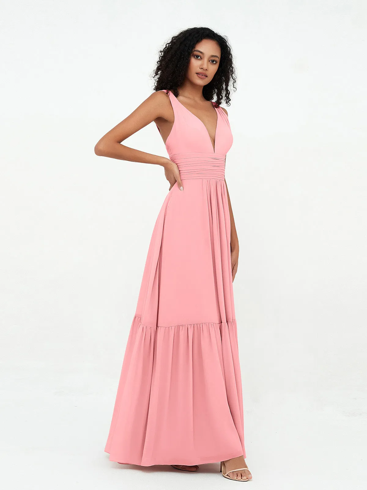 Deep-V Neck Chiffon Tiered Skirt Boho Dresses-Flamingo Plus Size