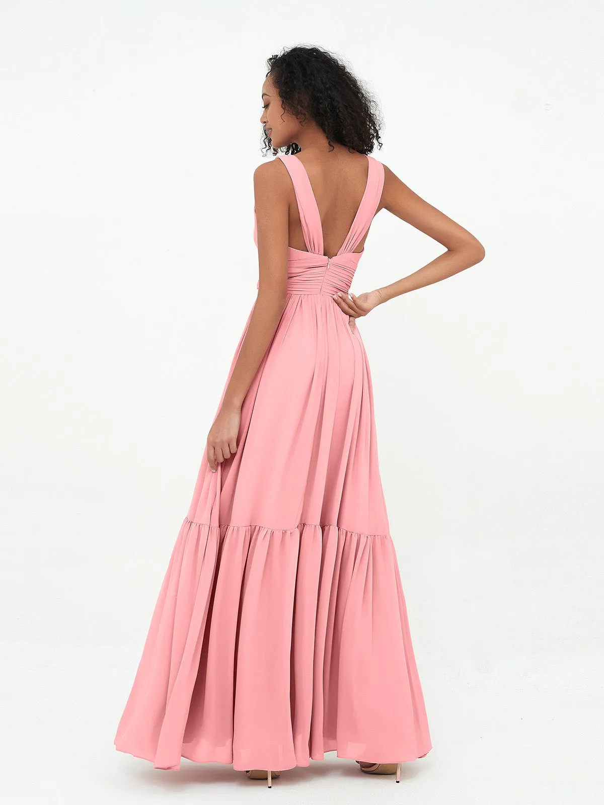 Deep-V Neck Chiffon Tiered Skirt Boho Dresses-Flamingo Plus Size