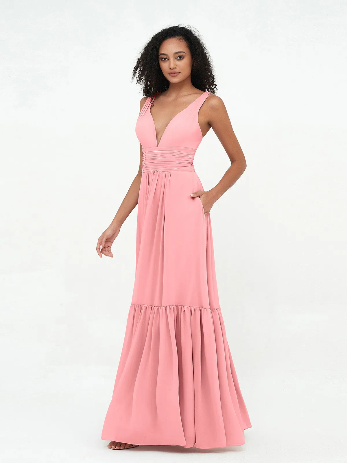 Deep-V Neck Chiffon Tiered Skirt Boho Dresses-Flamingo Plus Size