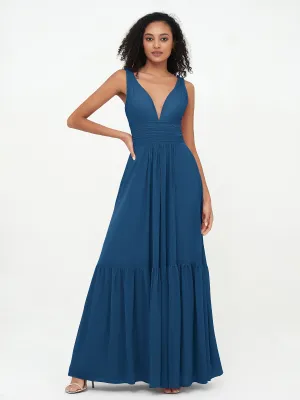 Deep-V Neck Chiffon Tiered Skirt Boho Dresses-Ink Blue