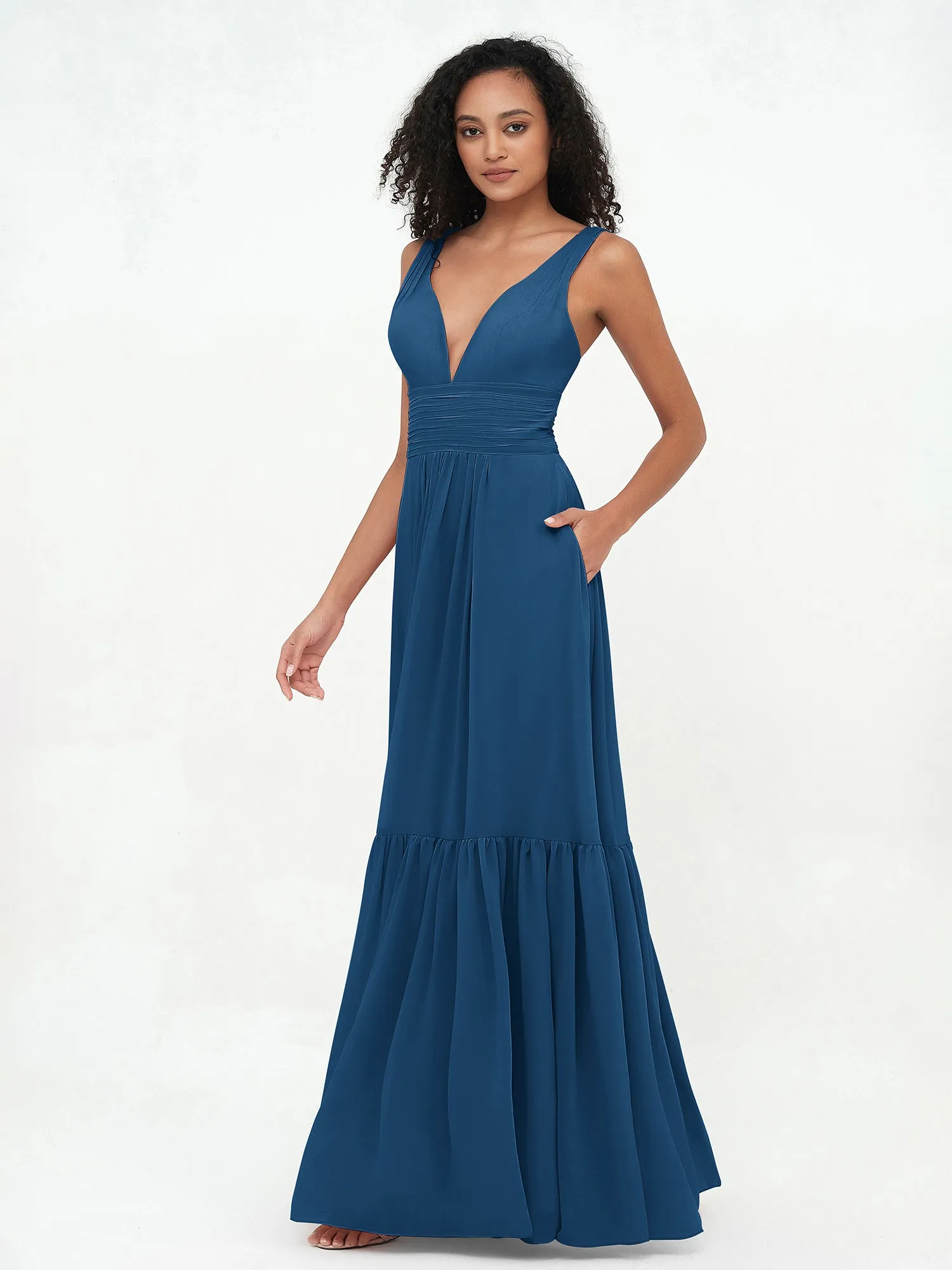 Deep-V Neck Chiffon Tiered Skirt Boho Dresses-Ink Blue