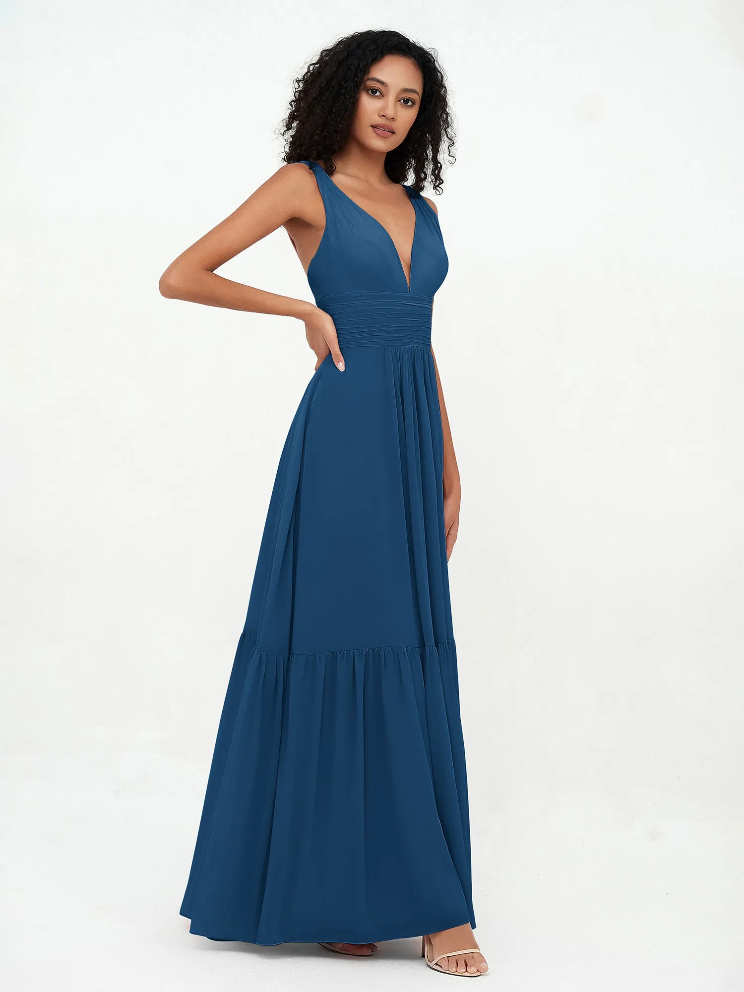 Deep-V Neck Chiffon Tiered Skirt Boho Dresses-Ink Blue