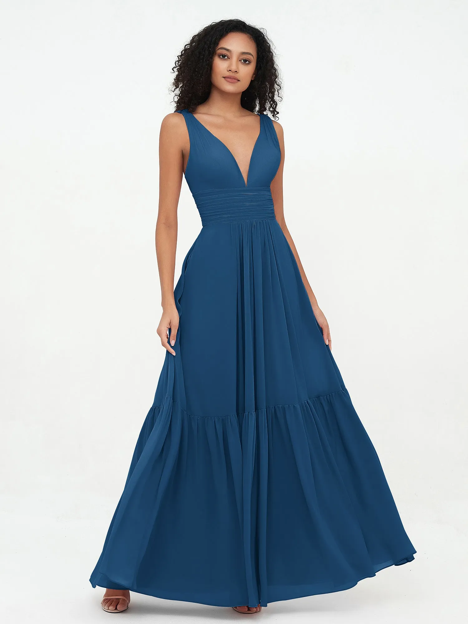 Deep-V Neck Chiffon Tiered Skirt Boho Dresses-Ink Blue
