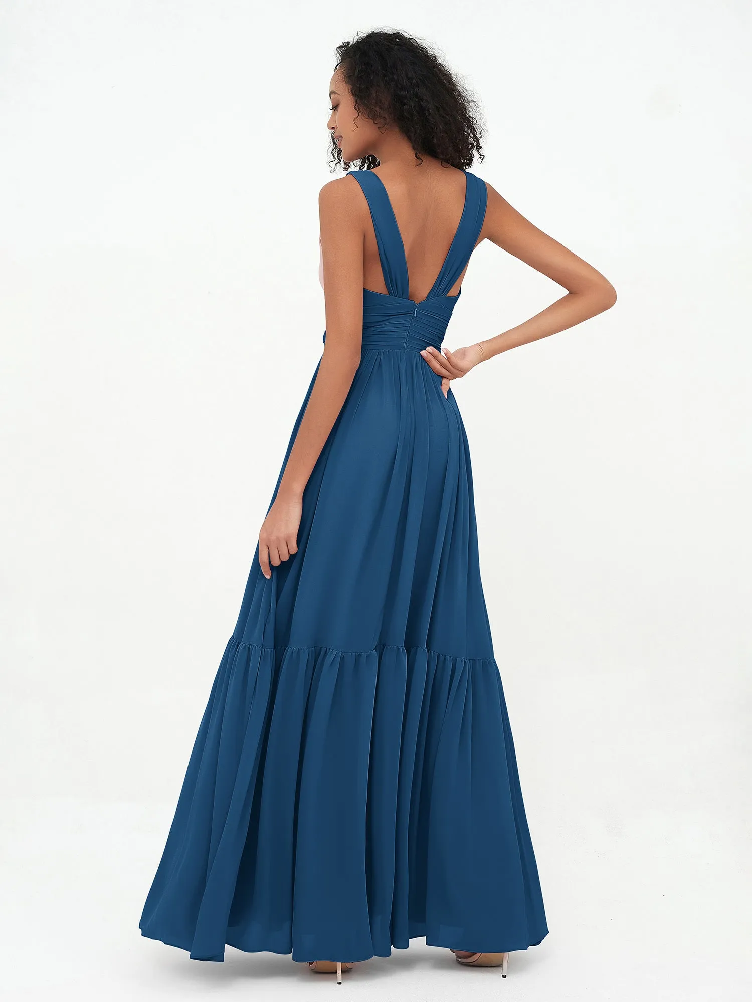 Deep-V Neck Chiffon Tiered Skirt Boho Dresses-Ink Blue