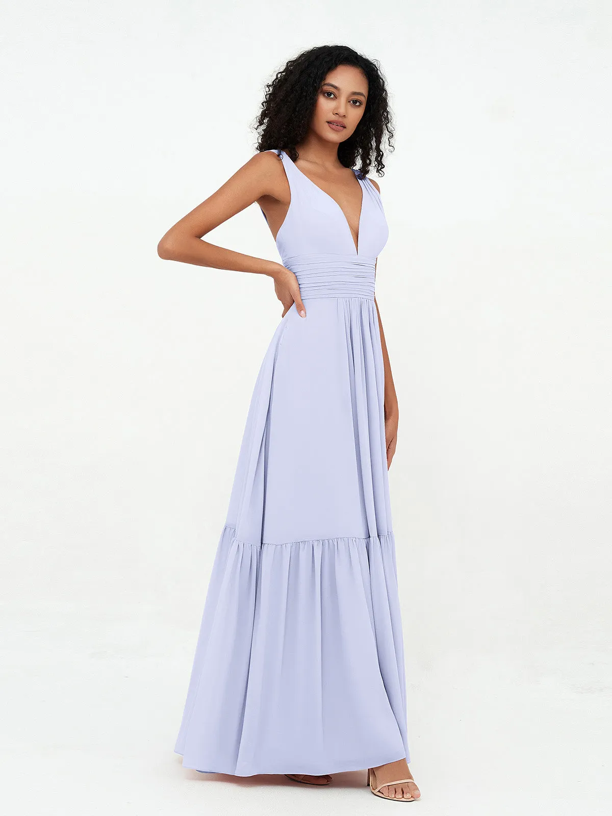 Deep-V Neck Chiffon Tiered Skirt Boho Dresses-Lavender Plus Size