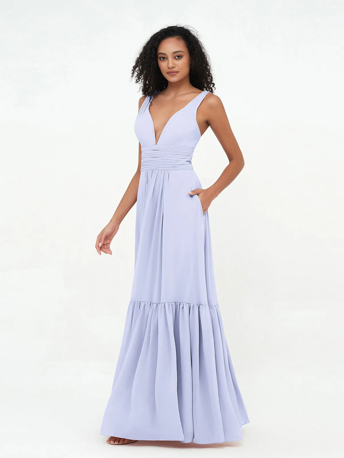 Deep-V Neck Chiffon Tiered Skirt Boho Dresses-Lavender Plus Size