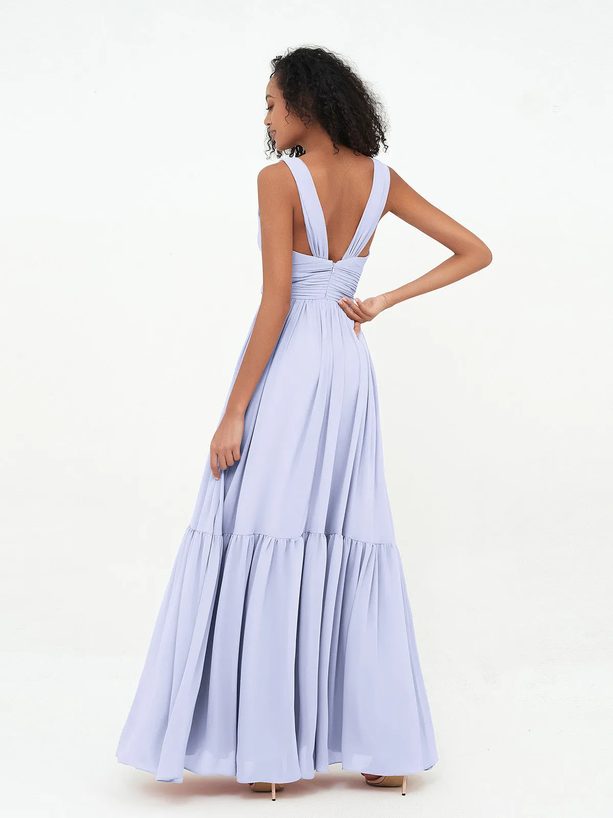 Deep-V Neck Chiffon Tiered Skirt Boho Dresses-Lavender Plus Size