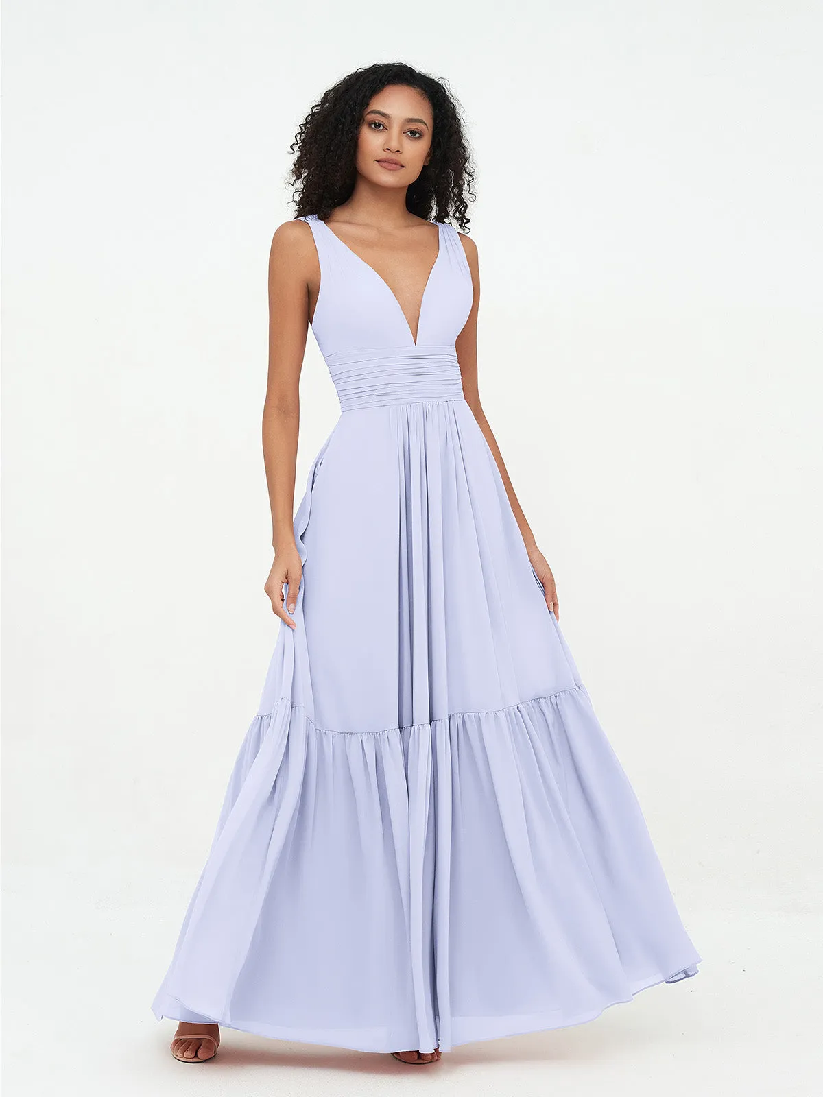 Deep-V Neck Chiffon Tiered Skirt Boho Dresses-Lavender Plus Size