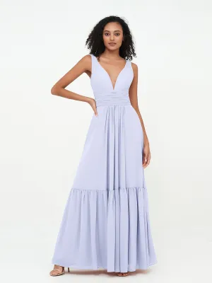 Deep-V Neck Chiffon Tiered Skirt Boho Dresses-Lavender Plus Size