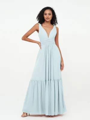 Deep-V Neck Chiffon Tiered Skirt Boho Dresses-Mist Plus Size