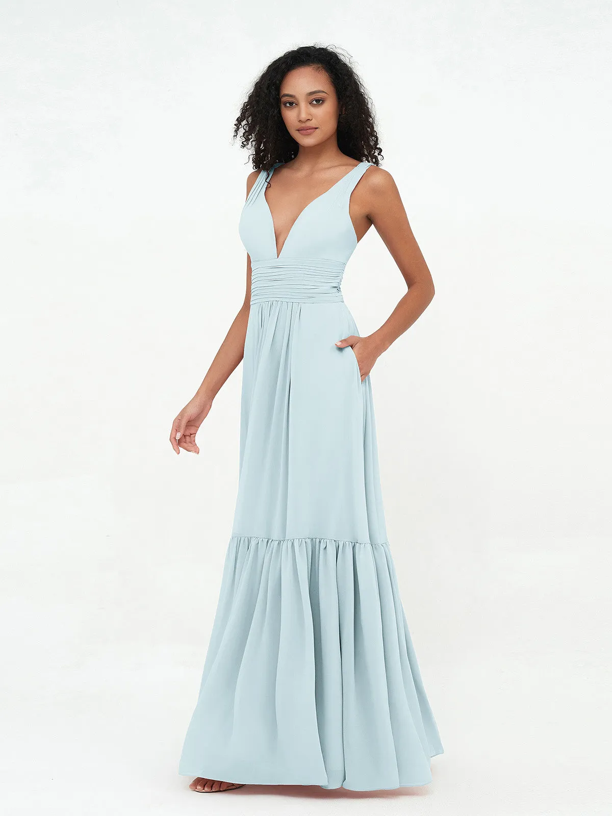Deep-V Neck Chiffon Tiered Skirt Boho Dresses-Mist Plus Size