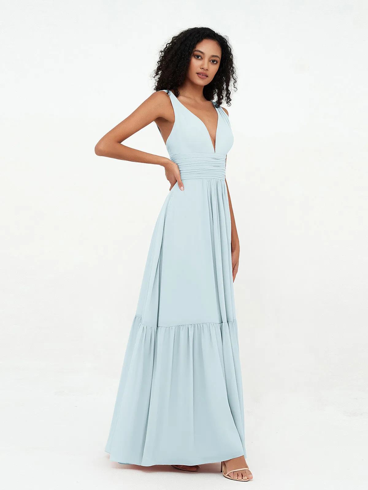 Deep-V Neck Chiffon Tiered Skirt Boho Dresses-Mist Plus Size