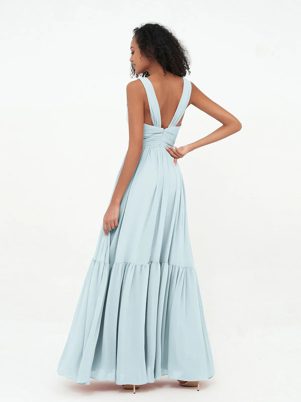 Deep-V Neck Chiffon Tiered Skirt Boho Dresses-Mist Plus Size
