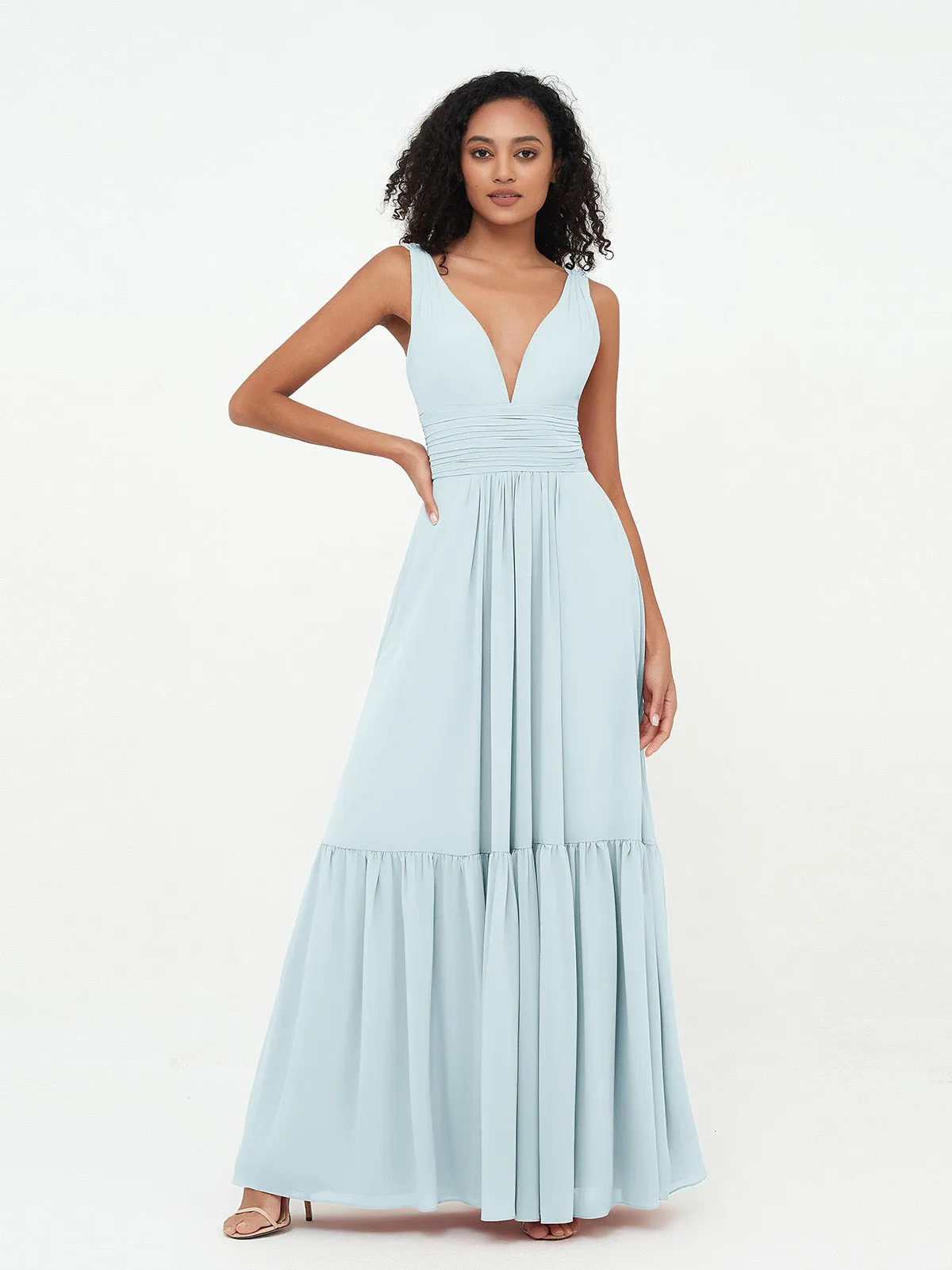 Deep-V Neck Chiffon Tiered Skirt Boho Dresses-Mist Plus Size