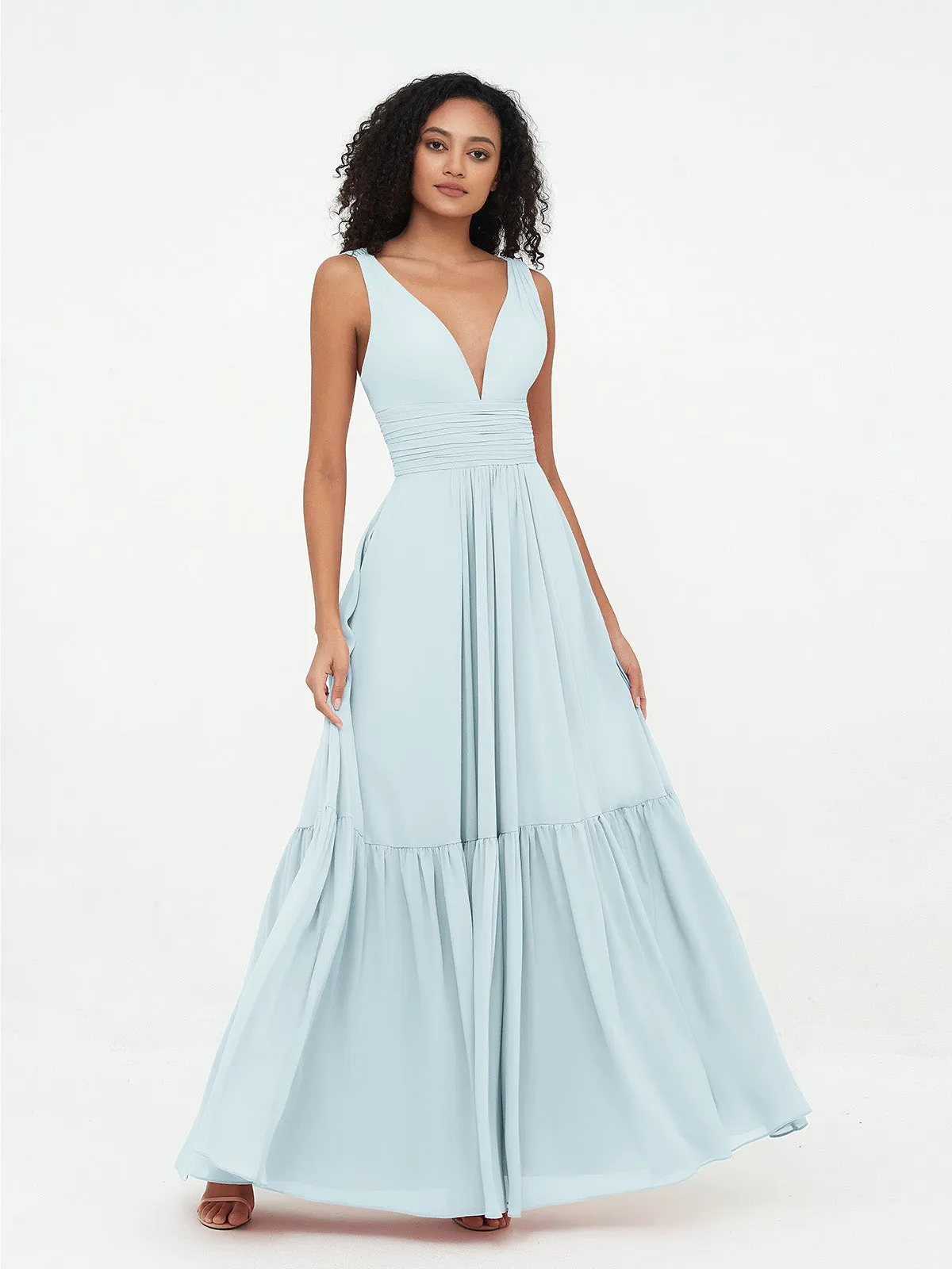 Deep-V Neck Chiffon Tiered Skirt Boho Dresses-Mist Plus Size