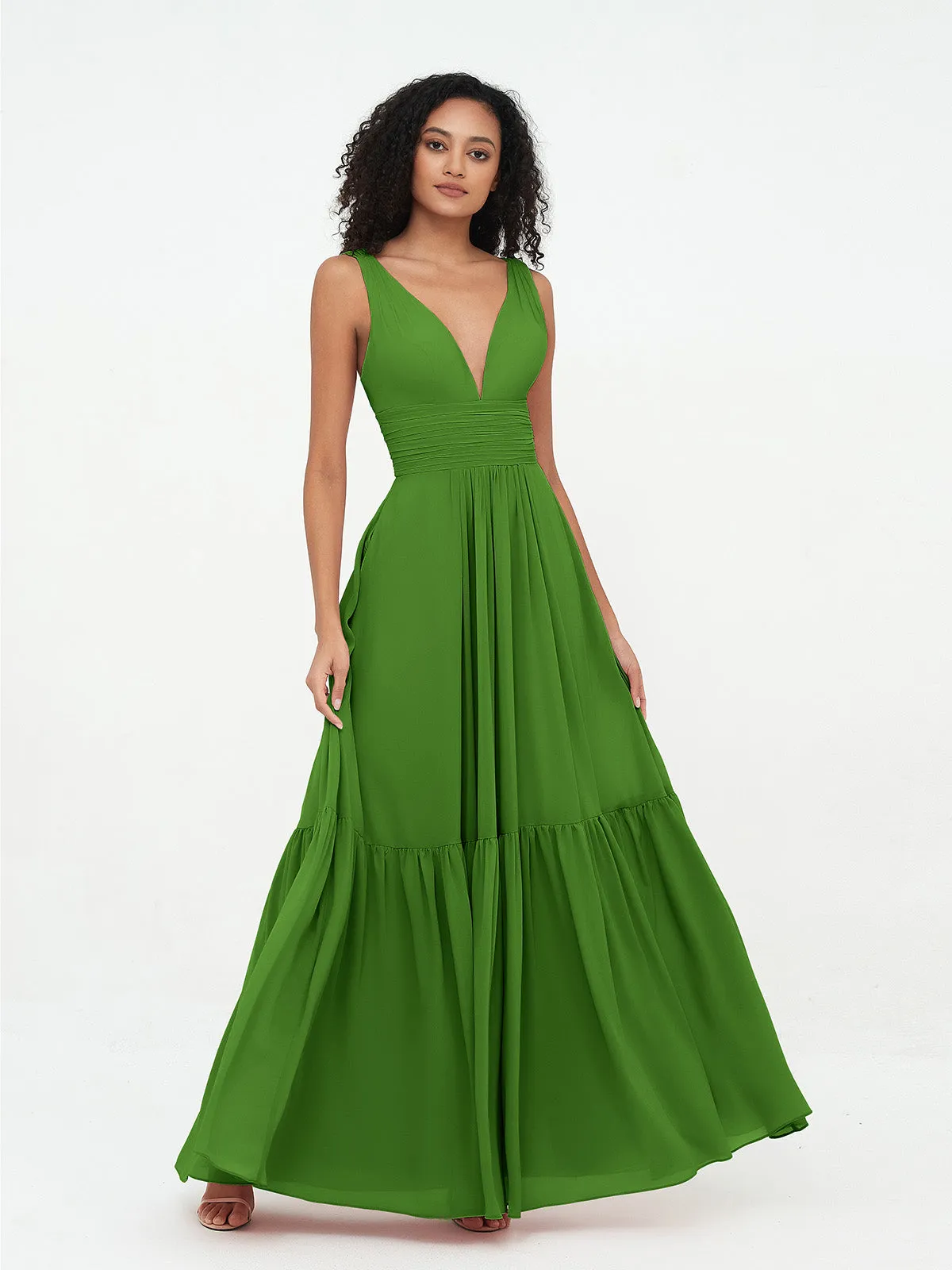 Deep-V Neck Chiffon Tiered Skirt Boho Dresses-Moss