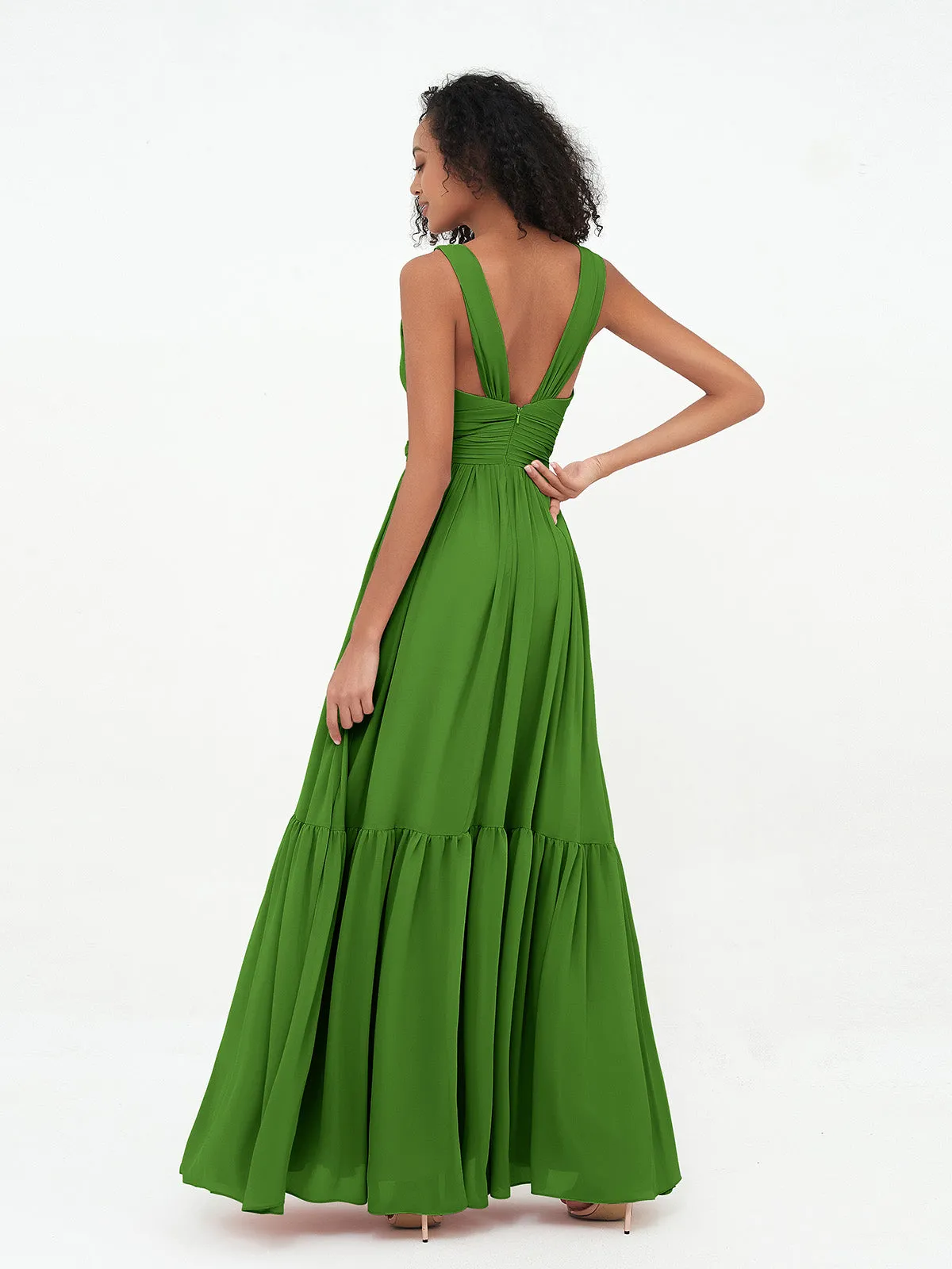 Deep-V Neck Chiffon Tiered Skirt Boho Dresses-Moss