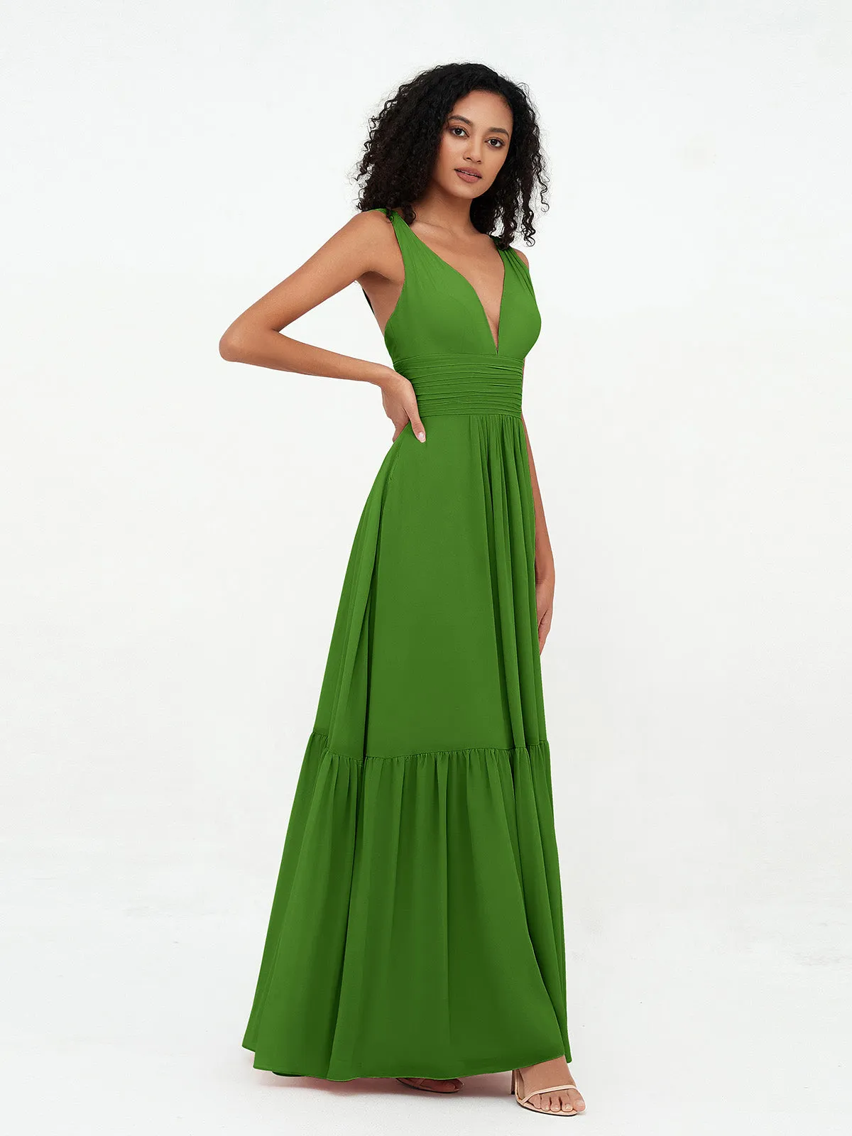 Deep-V Neck Chiffon Tiered Skirt Boho Dresses-Moss