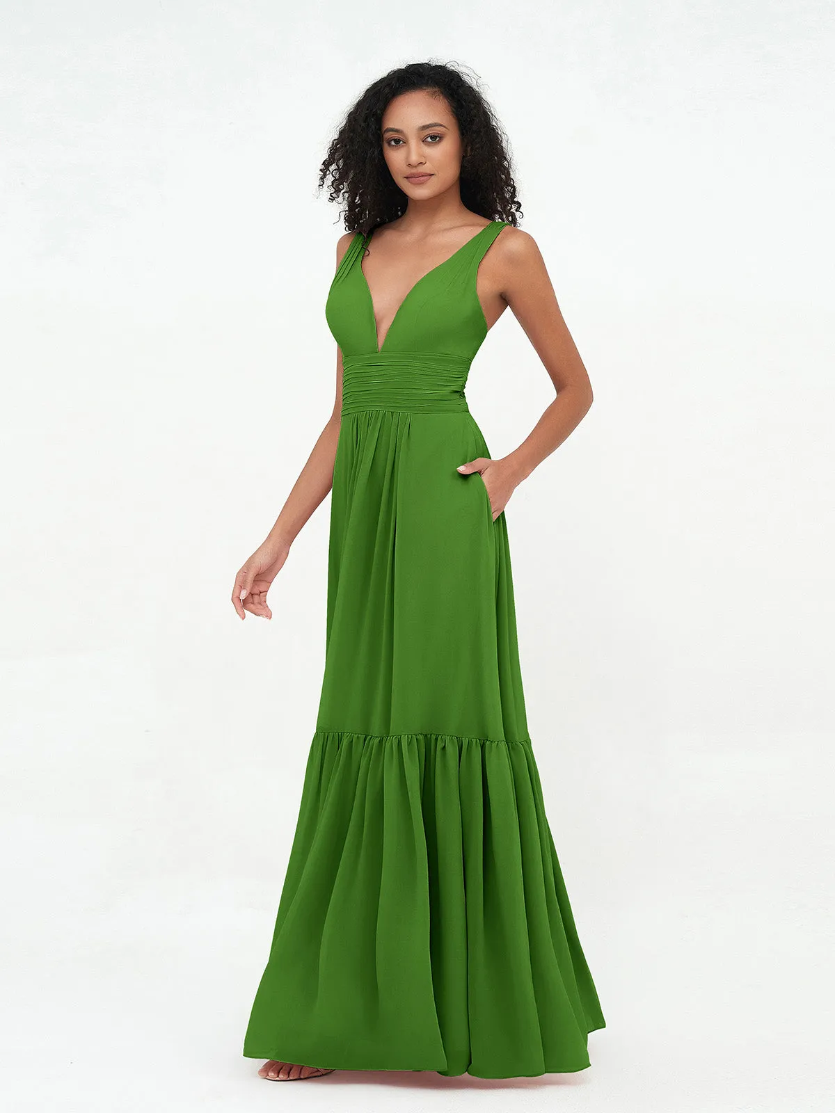 Deep-V Neck Chiffon Tiered Skirt Boho Dresses-Moss