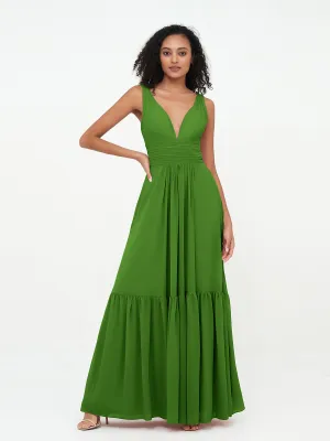 Deep-V Neck Chiffon Tiered Skirt Boho Dresses-Moss