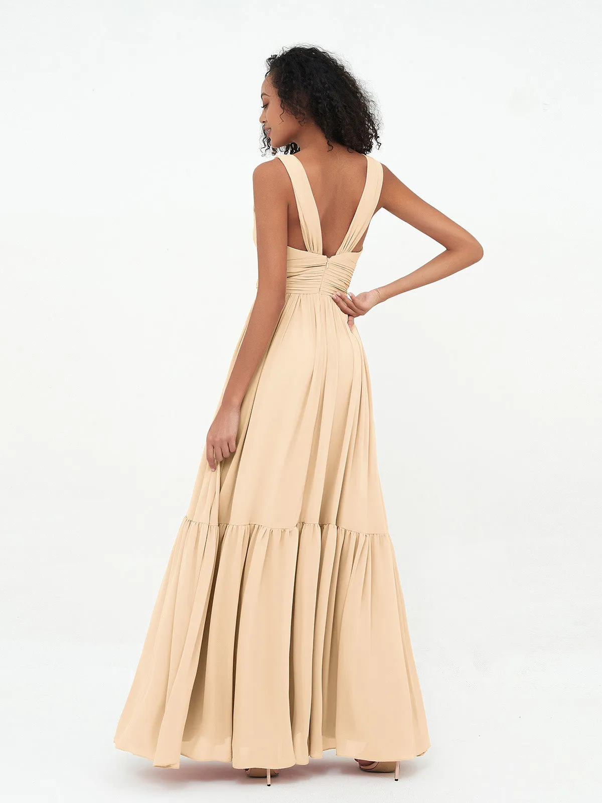 Deep-V Neck Chiffon Tiered Skirt Boho Dresses-Peach