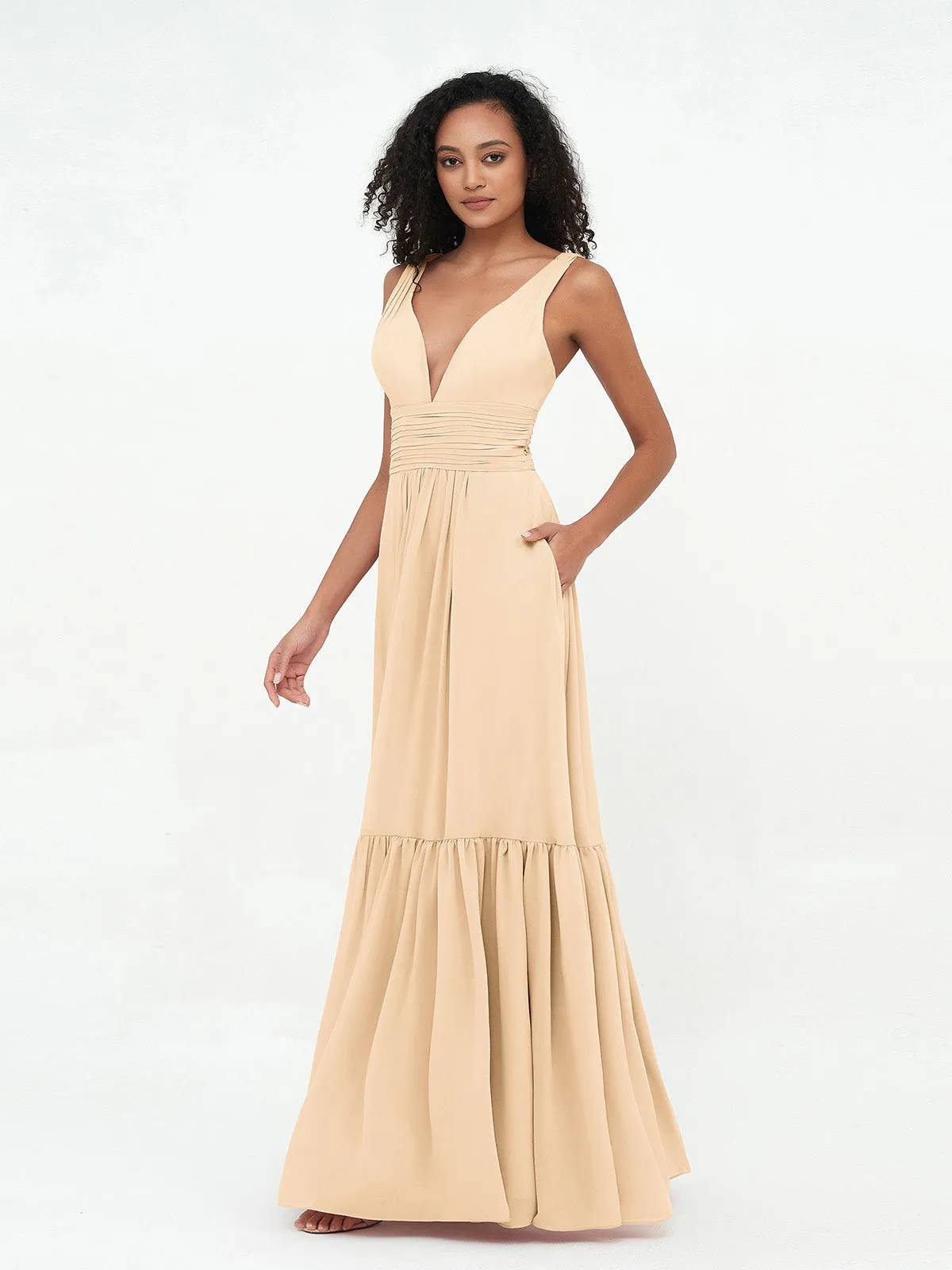 Deep-V Neck Chiffon Tiered Skirt Boho Dresses-Peach