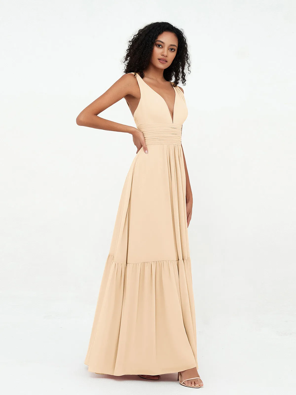 Deep-V Neck Chiffon Tiered Skirt Boho Dresses-Peach