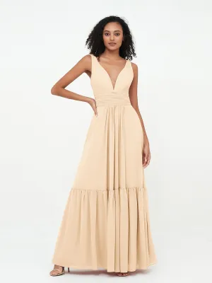 Deep-V Neck Chiffon Tiered Skirt Boho Dresses-Peach
