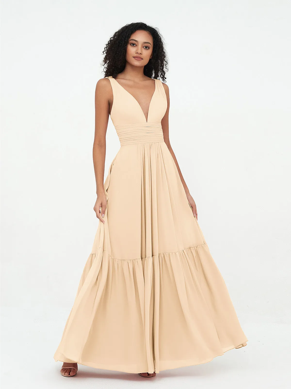 Deep-V Neck Chiffon Tiered Skirt Boho Dresses-Peach