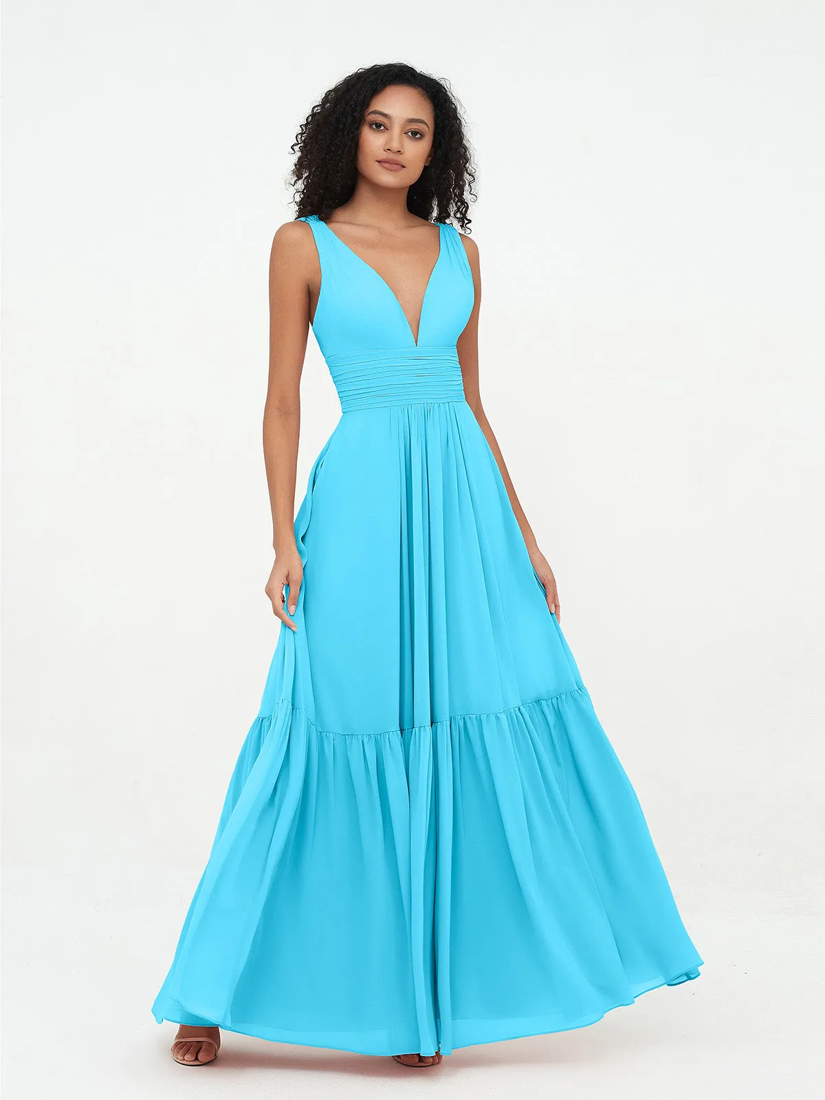 Deep-V Neck Chiffon Tiered Skirt Boho Dresses-Pool Plus Size